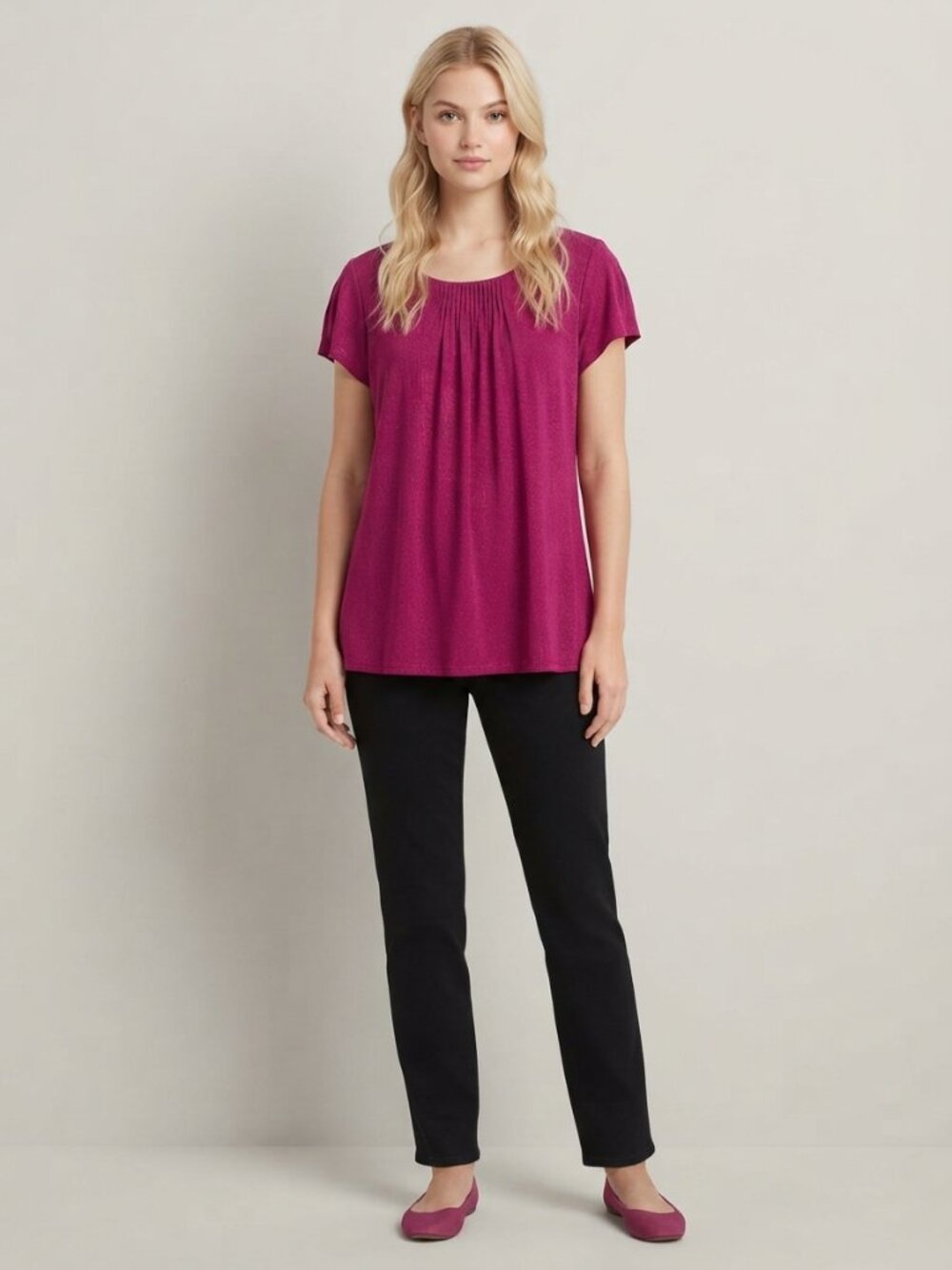 J. Jill Pleated Bateau Neck Cap Sleeve Blouse Magenta Medium #A4615